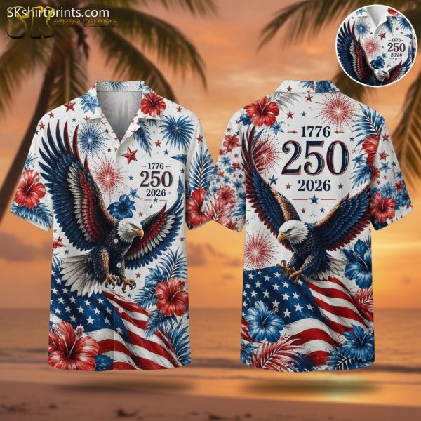 250th Anniversary Hawaiian Shirt – Bald Eagle, Fireworks & Stars 1776–2026 USA Aloha Shirt