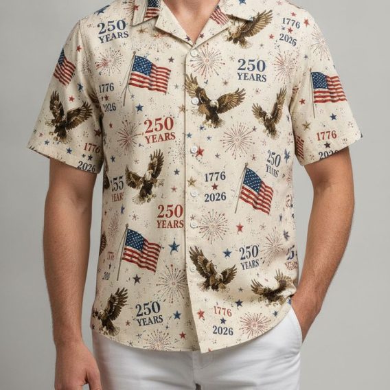 250th anniversary Hawaiian shirt with repeating bald eagle and American flag motifs, fireworks, red white and blue stars, and 1776 to 2026 text.