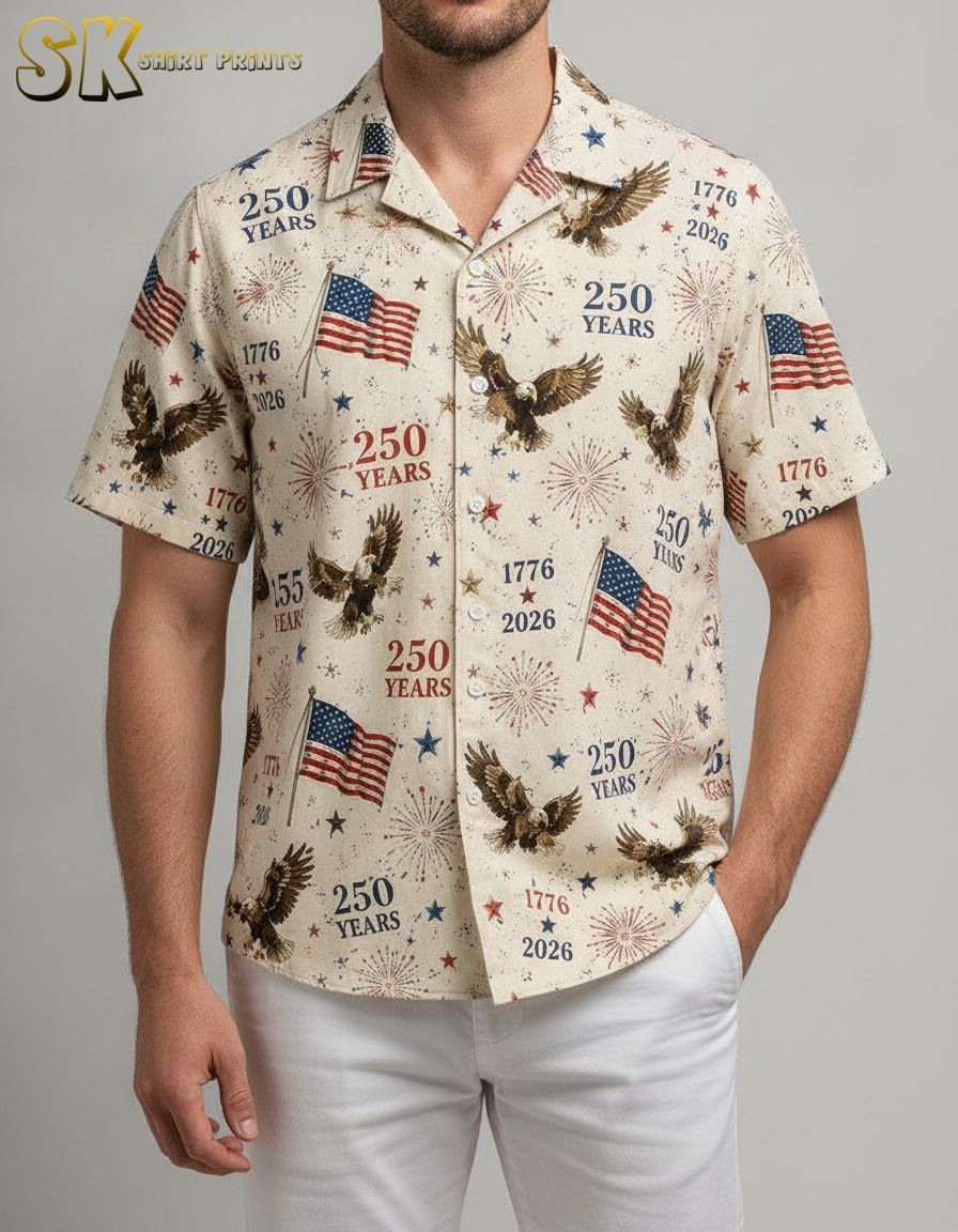 America 250th Anniversary Hawaiian Shirt โ Bald Eagle & Flag Design for the 1776โ2026 Milestone 250th anniversary hawaiian shirt - america 250 shirt worn at july 4th 2026 group celebration outdoor event