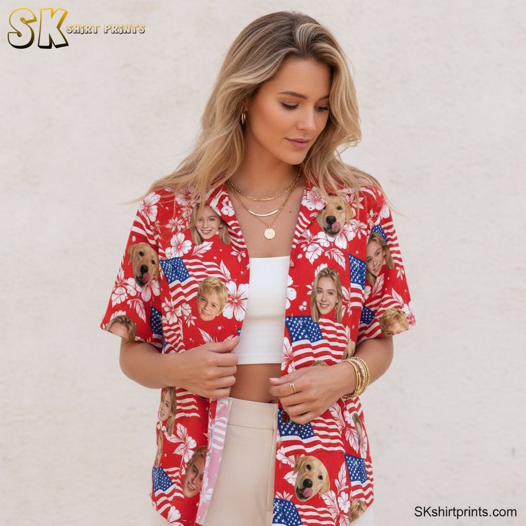 America 250 Shirt Hawaiian Style with Faces, Dog, Flags & Hibiscus – Red or Stripe - america 250th anniversary hawaiian s