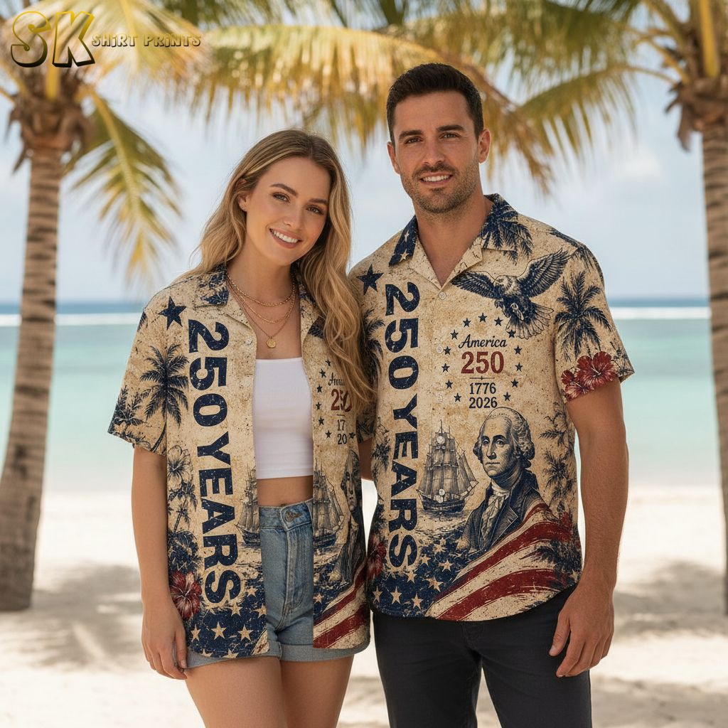 250th anniversary Hawaiian shirt showing stars and stripes pattern, eagle, hibiscus flowers, palm trees, and historical figure illustration