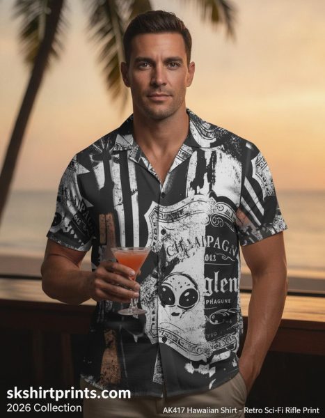 AK47 Hawaiian shirt retro sci-fi rifle print with vintage label collage design for gun enthusiasts