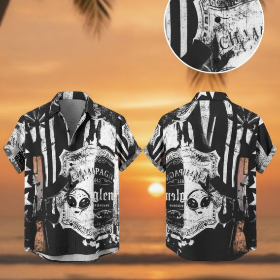 AK47 Hawaiian shirt featuring a monochrome collage pattern with vintage-style Champagne and Glen labels and a small alien face graphic