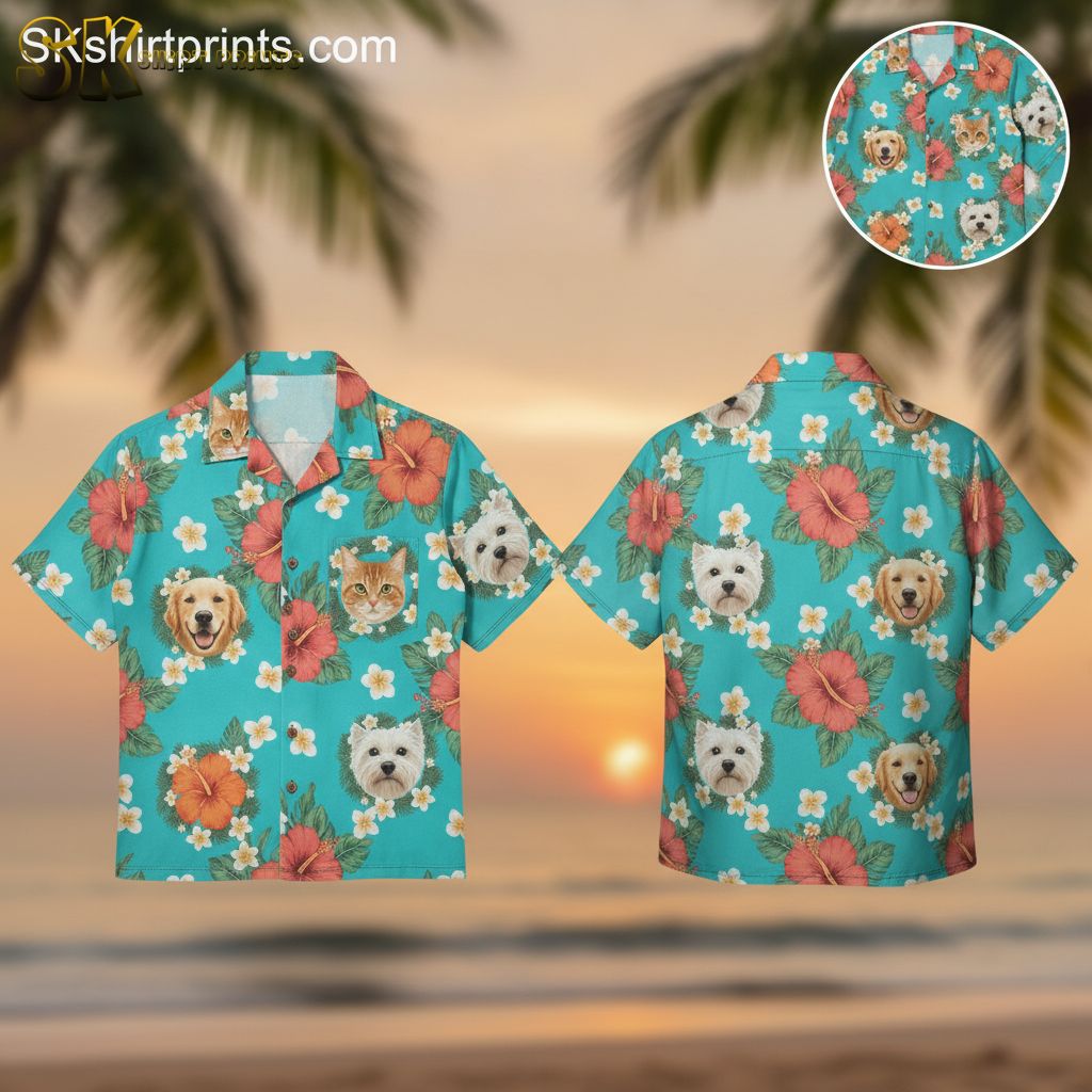 Yellow aloha shirt featuring large hibiscus flowers and tiki faces with black outlines