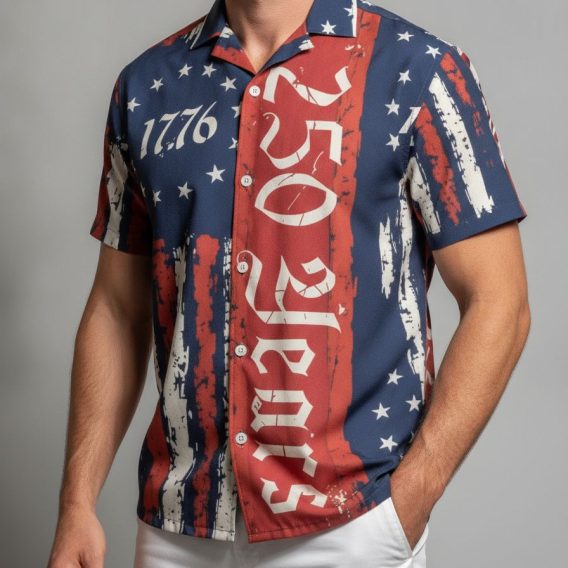 America 250 Hawaiian shirt with distressed American flag stars and stripes design in red, white, and blue