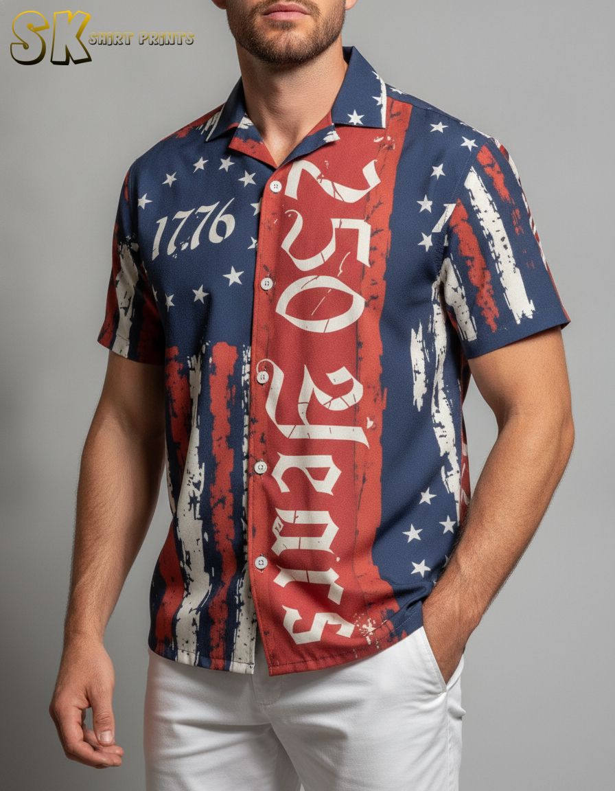 America 250 Hawaiian shirt with distressed American flag stars and stripes design in red, white, and blue