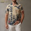 America 250 Hawaiian shirt with eagle, American flag, hibiscus flowers, palm trees, and 1776 to 2026 anniversary text in red, white, and blue.