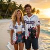 America 250 Hawaiian shirt collection shown across multiple colorways on a couple, with patriotic stars, stripes, and cow print design