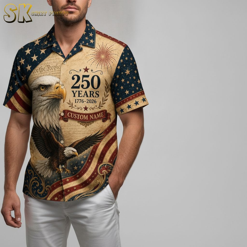 America 250 Hawaiian shirt with bald eagle, fireworks, swirling patriotic patterns, and 1776-2026 anniversary text