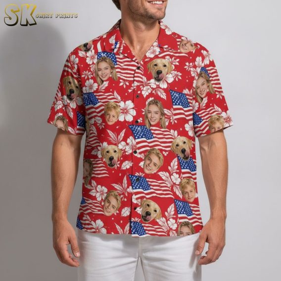 America 250 Hawaiian shirt in red with all-over print of portrait faces, a dog wearing sunglasses, American flags, and white hibiscus flowers