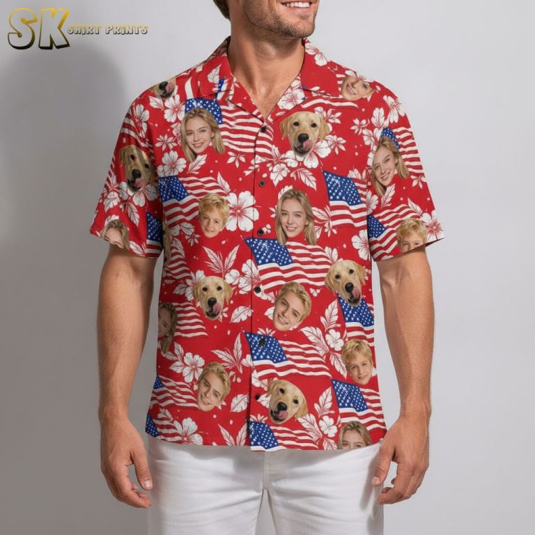 America 250 Shirt Hawaiian Style with Faces, Dog, Flags & Hibiscus – Red or Stripe