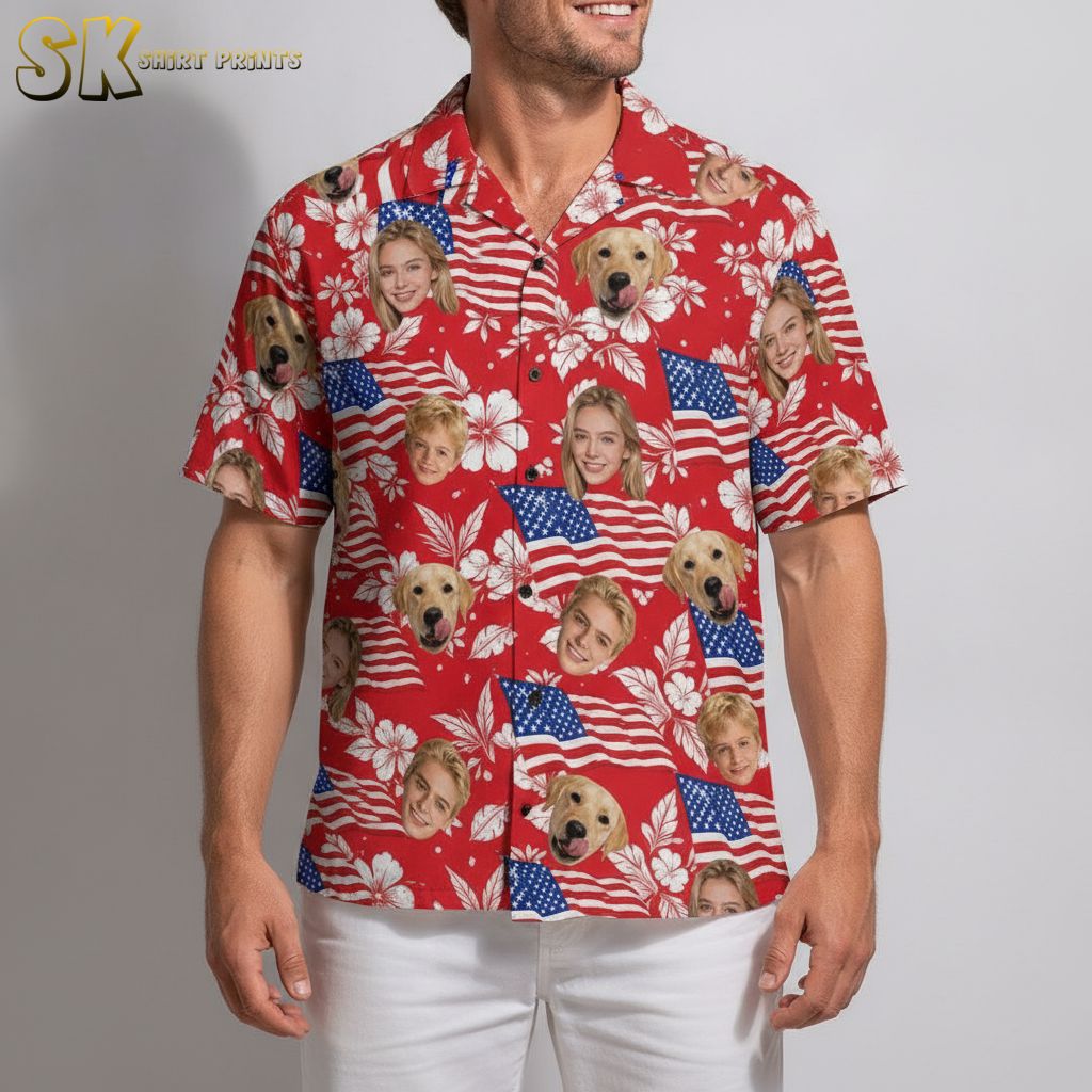 America 250 Shirt Hawaiian Style with Faces, Dog, Flags & Hibiscus – Red or Stripe - 250th anniversary hawaiian shirts
