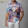 America 250 Hawaiian shirt with repeated Statue of Liberty motifs, fireworks, American flags, and bald eagle printed across the fabric