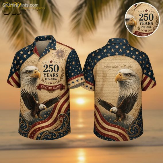 America 250 shirts featuring a bald eagle, stars and stripes pattern, fireworks, and 250 Years 1776-2026 text on a Hawaiian shirt