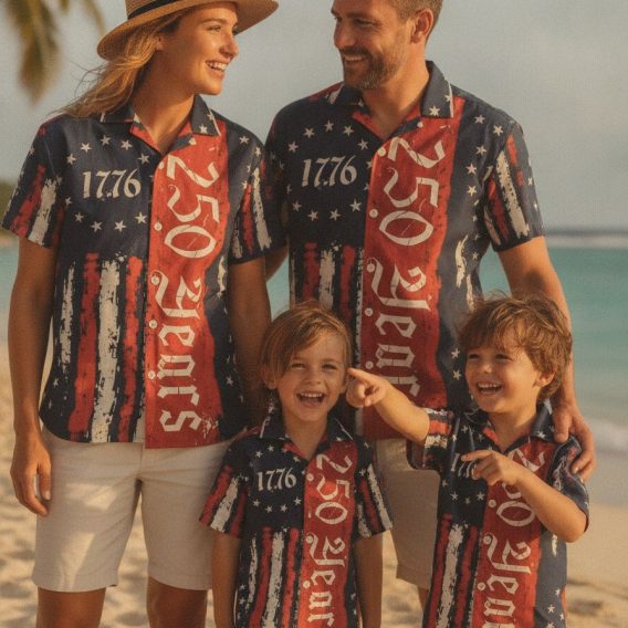America 250 Hawaiian shirt for sale with red, white, and blue stars and stripes and vintage 1776 and 250 Years print