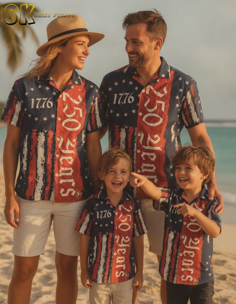 America 250 Hawaiian shirt for sale with red, white, and blue stars and stripes and vintage 1776 and 250 Years print