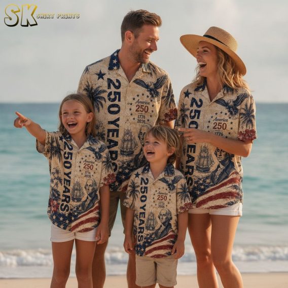America 250 shirt for sale showing a patriotic Hawaiian shirt with eagle, hibiscus, palm trees, tall ships, and 1776-2026 anniversary print