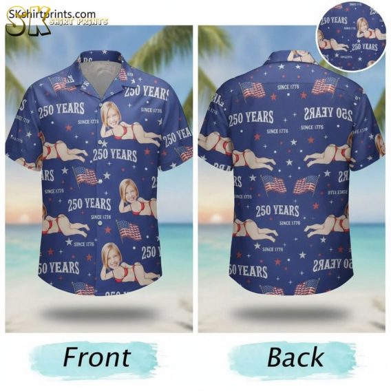America 250 shirts for sale featuring '250 Years Since 1776' text, American flags, scattered stars, and a figure in a red swimsuit on an all-over Hawaiian shirt print