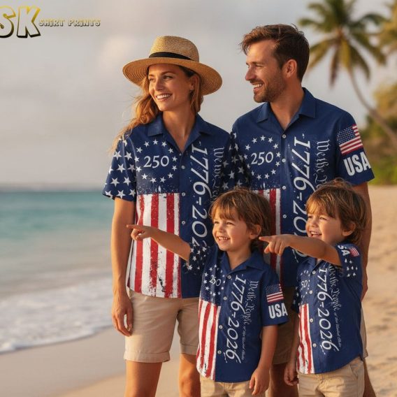 America 250 patriotic Hawaiian shirt for sale with We the People text, 250 graphic, blue star panel, red and white stripes, and USA flag on sleeve