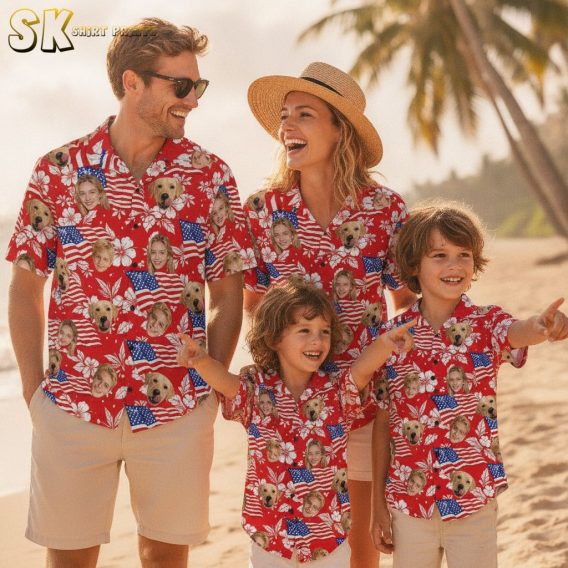 America 250 shirts for sale in red and blue colorways with portrait faces, dog in sunglasses, American flags, hibiscus flowers, stars, and stripes printed across both styles
