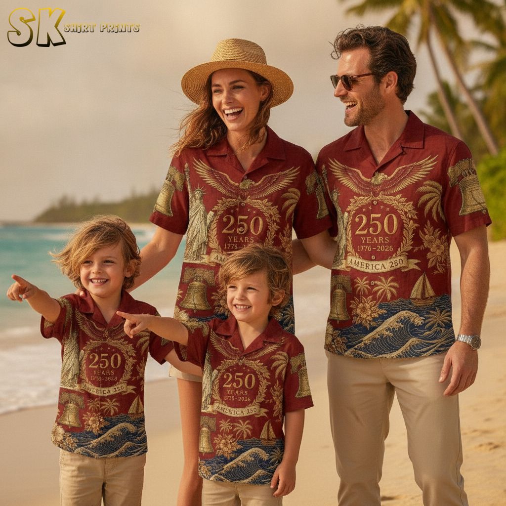 America 250 shirt in Hawaiian aloha style featuring the Statue of Liberty, eagle, Liberty Bell, stars, palm trees, and wave floral print in red, gold, and blue