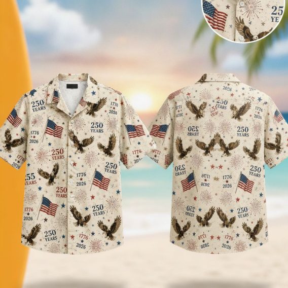 America 250th anniversary Hawaiian shirt featuring bald eagles, American flag print, fireworks, stars, and the text 250 Years with 1776 and 2026 in red, white, and blue.