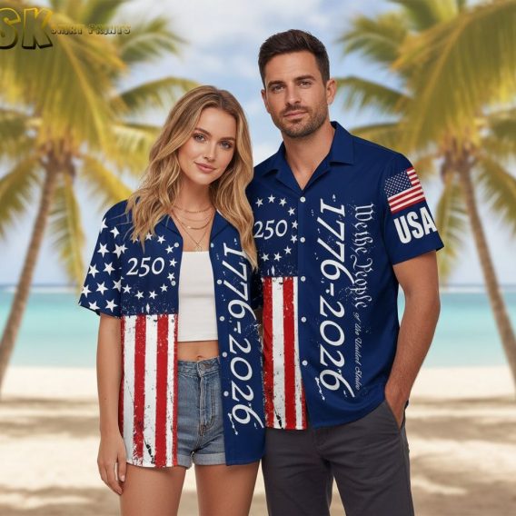 America 250th anniversary Hawaiian shirt showing red and white striped body, blue star panel, sleeve American flag, and 1776-2026 anniversary dates