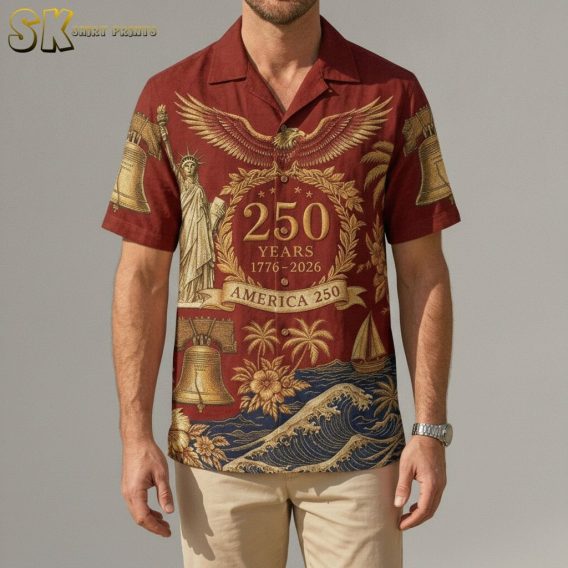 America 250th anniversary Hawaiian shirt with eagle, Statue of Liberty, Liberty Bell, stars, and floral wave print in red, gold, and blue