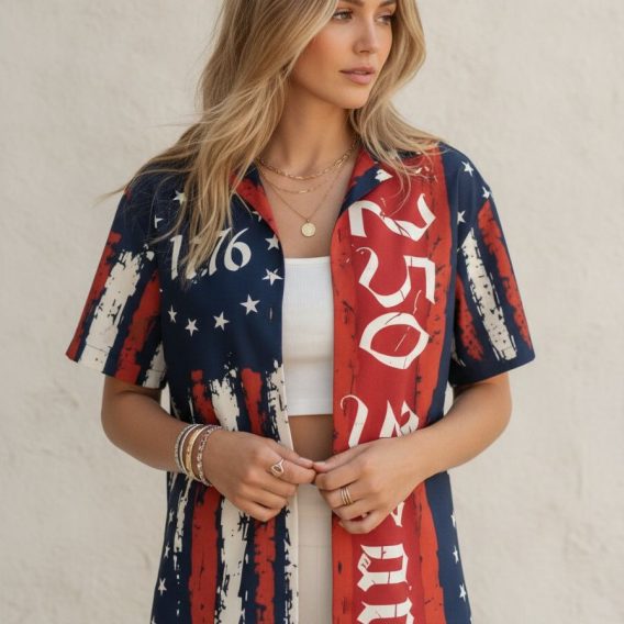 America 250th anniversary Hawaiian shirt featuring distressed red, white, and blue American flag stars and stripes with 1776 graphic