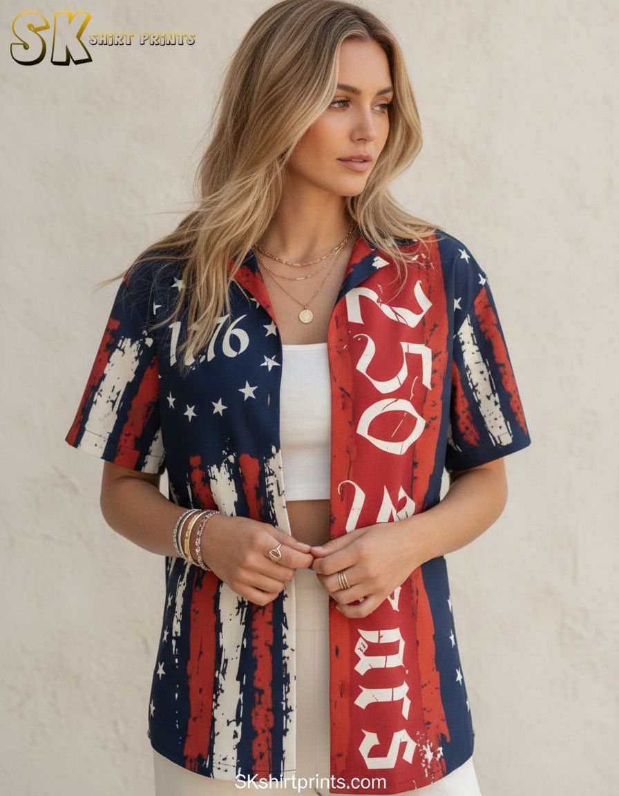America 250th anniversary Hawaiian shirt featuring distressed red, white, and blue American flag stars and stripes with 1776 graphic