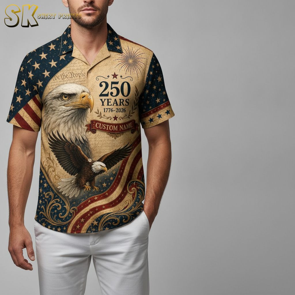America 250th anniversary Hawaiian shirt printed with bald eagles, fireworks, stars, and the phrases 'Honoring the Past' and 'Inspiring the Future' in red, white, and blue