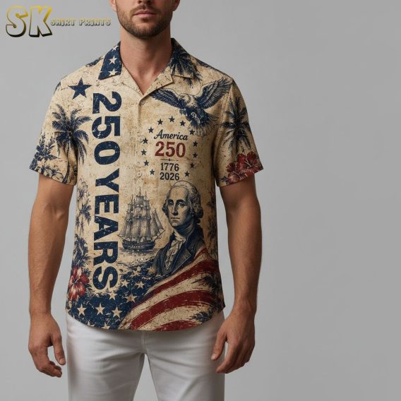 America 250th anniversary Hawaiian shirt with bald eagle, tall ships, hibiscus flowers, palm trees, and '1776-2026' anniversary print