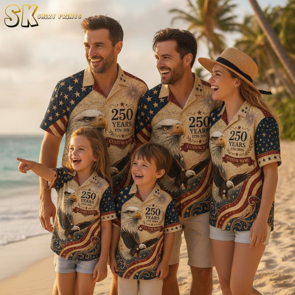 America 250th anniversary Hawaiian shirt with bald eagle, fireworks, flag-inspired stars and stripes, and Honoring the Past Inspiring the Future text