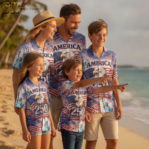 America 250th Hawaiian shirt with Celebrating 250 Years text, bald eagle, Statue of Liberty, fireworks, and American flags across the all-over print