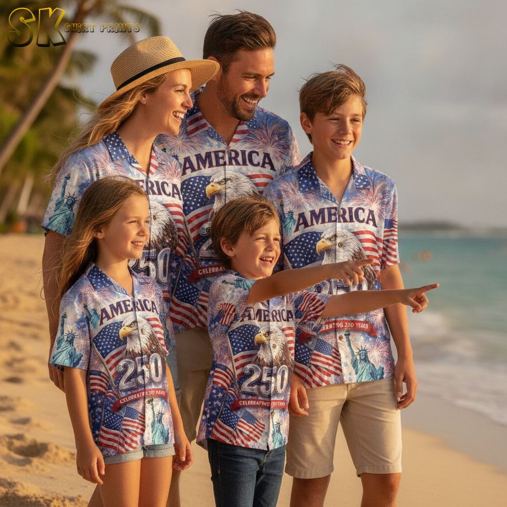 America 250th Hawaiian shirt with Celebrating 250 Years text, bald eagle, Statue of Liberty, fireworks, and American flags across the all-over print