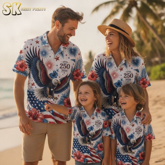 America 250th Hawaiian shirt with allover print of bald eagle, red and blue hibiscus, fireworks in red white and blue, and American flag stars and stripes