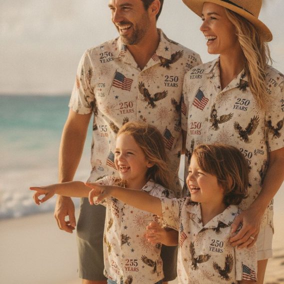 America 250th Hawaiian shirt with all-over print of bald eagles, American flags, red white and blue stars, fireworks, and 250 Years commemorative text.