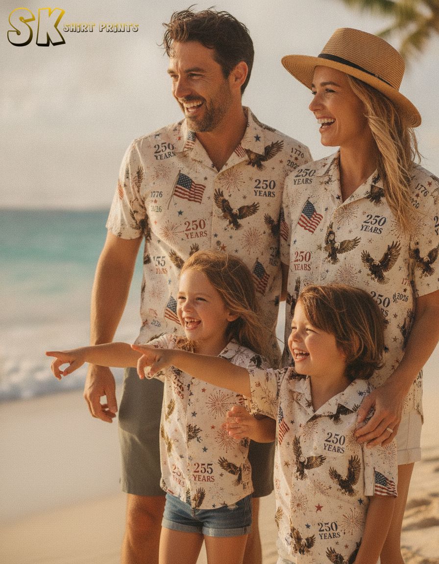 America 250th Hawaiian shirt with all-over print of bald eagles, American flags, red white and blue stars, fireworks, and 250 Years commemorative text.