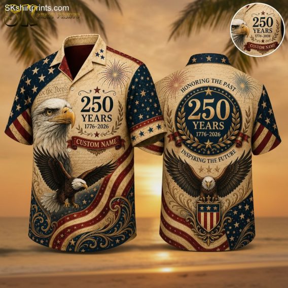 American flag Hawaiian shirt for 2026 featuring bald eagles, fireworks, stars and stripes, and '250 Years 1776-2026' text in red, white, and blue