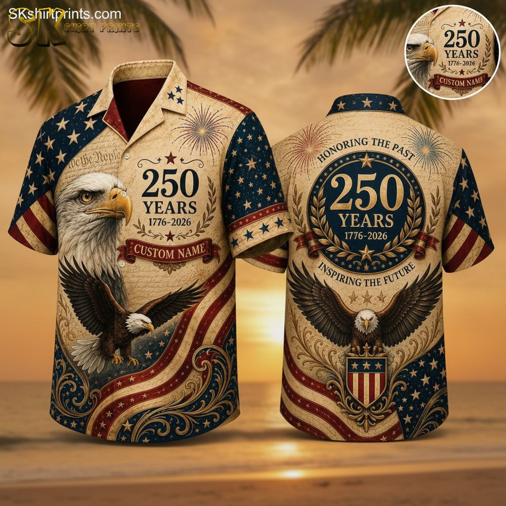 American Flag Hawaiian Shirt 2026 – 250th Anniversary Bald Eagle & Fireworks Patriotic Button-Up