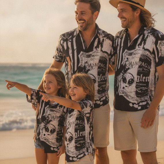 AR15 Hawaiian shirt with a black and white all-over collage print featuring vintage label graphics and a retro alien face design
