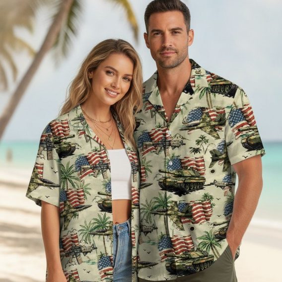 Army Hawaiian shirt with printed tanks, military helicopters, fighter jets, American flags, and palm trees on a camouflage-style background