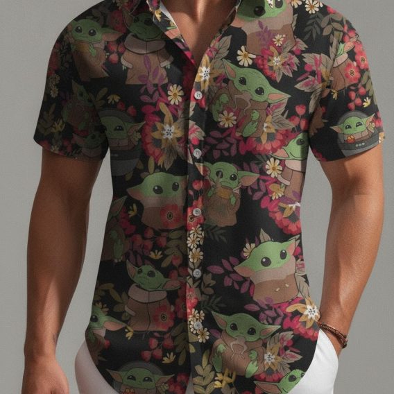 Baby Yoda Hawaiian shirt with animated green baby Yoda figures and colorful red, pink, and yellow flowers printed across a black fabric base