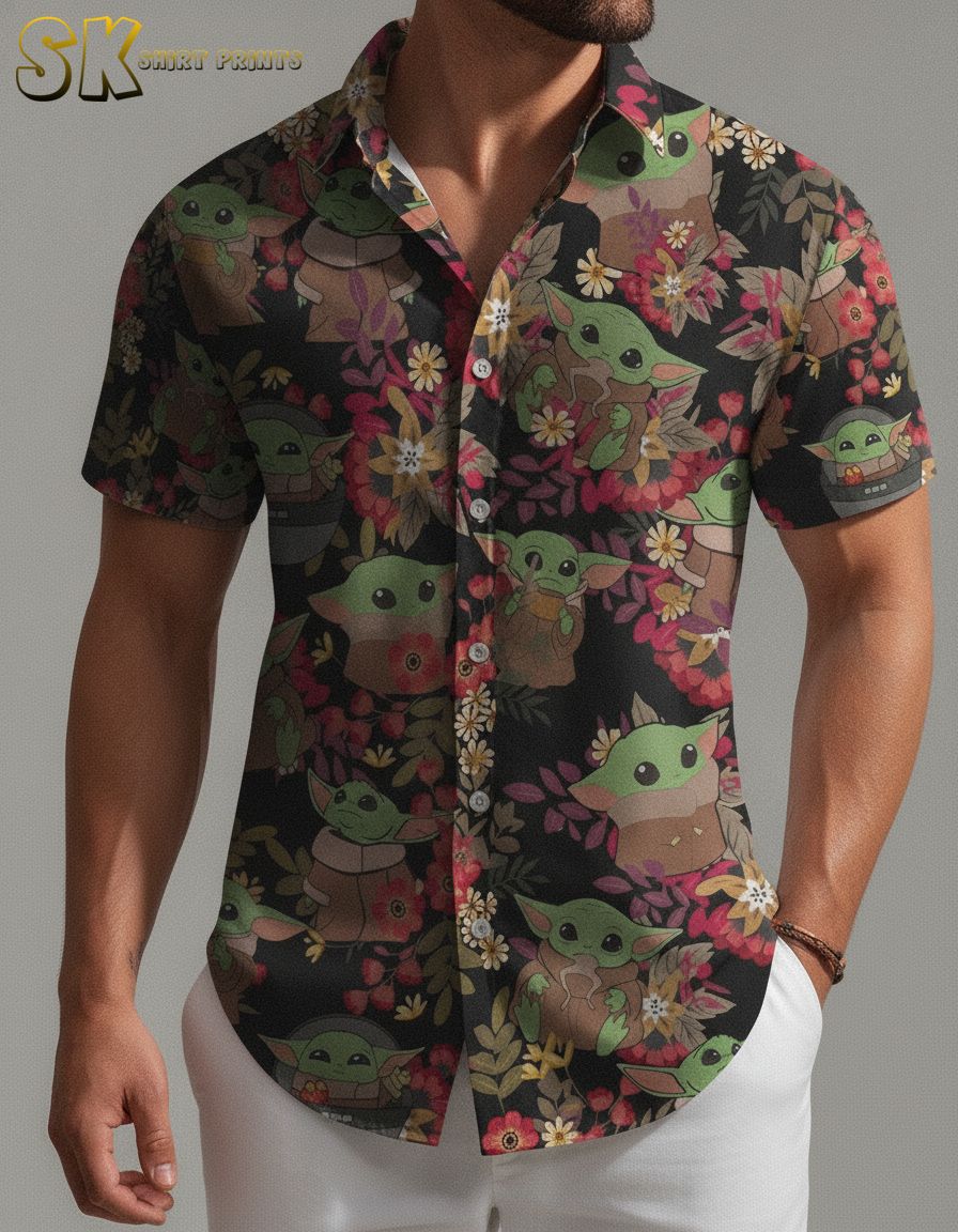 Baby Yoda Hawaiian shirt with animated green baby Yoda figures and colorful red, pink, and yellow flowers printed across a black fabric base