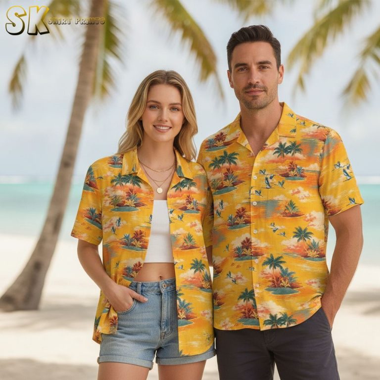 Tropical Islands Yellow Hawaiian Shirt – Palm Trees & Ocean Waves Print