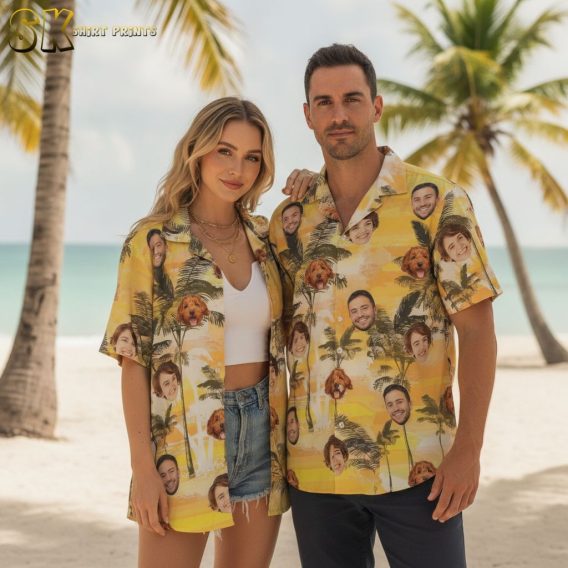 Black and yellow Hawaiian shirt with printed faces and tropical palm tree graphics