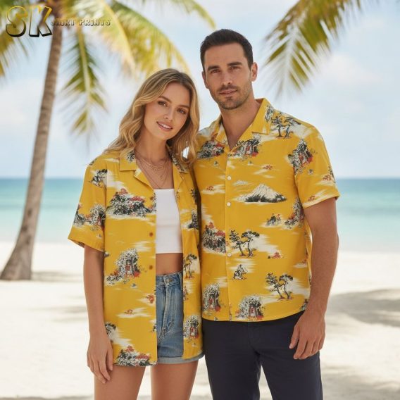 Black and yellow Hawaiian shirt with scenic landscape print featuring mountains and traditional structures