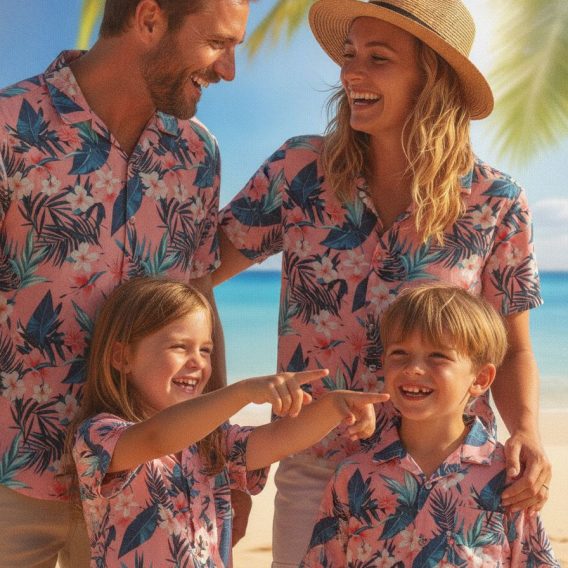 Blue Hawaiian shirt with pink flowers featuring blue tropical leaves and white blooms on pink base
