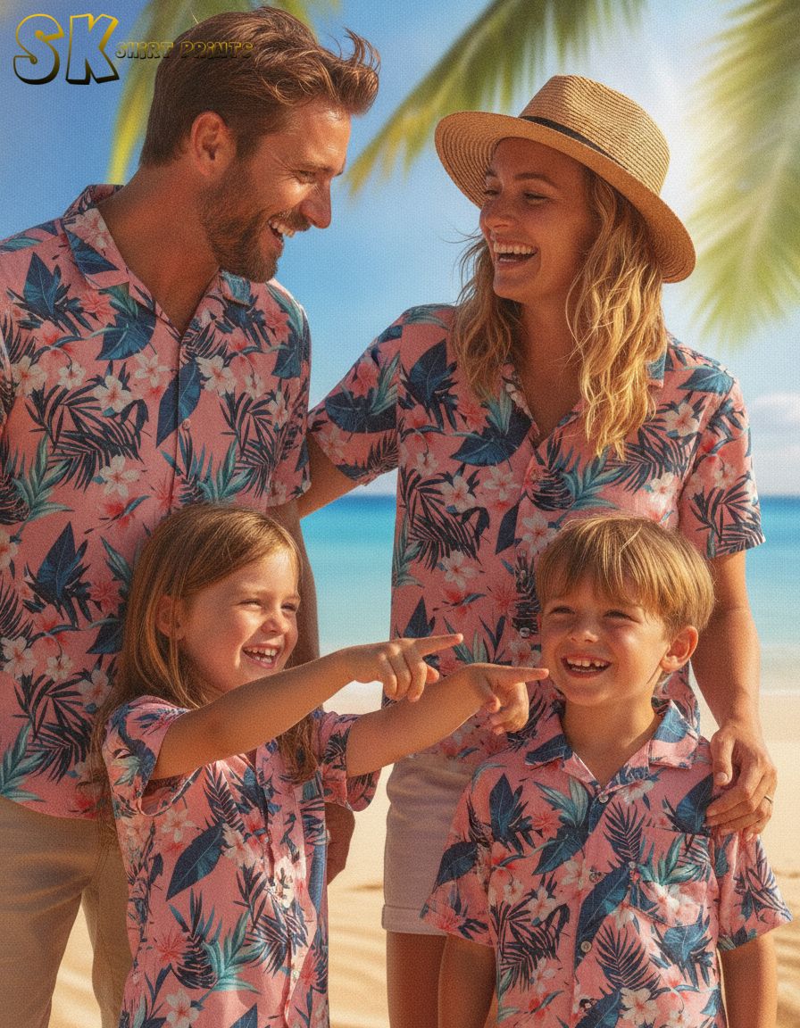 Blue Hawaiian shirt with pink flowers featuring blue tropical leaves and white blooms on pink base