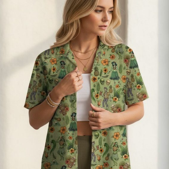 Boba Fett Hawaiian shirt with all-over print of tiki statues, hula dancers, skulls, tropical flowers, and pineapples on light green